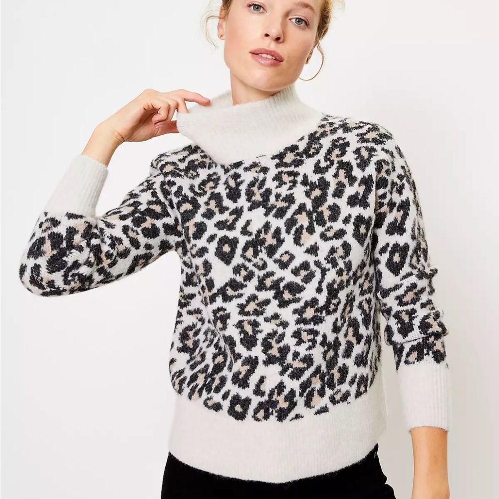 LOFT Leopard Print Crew Neck Sweater - Black and Tan
